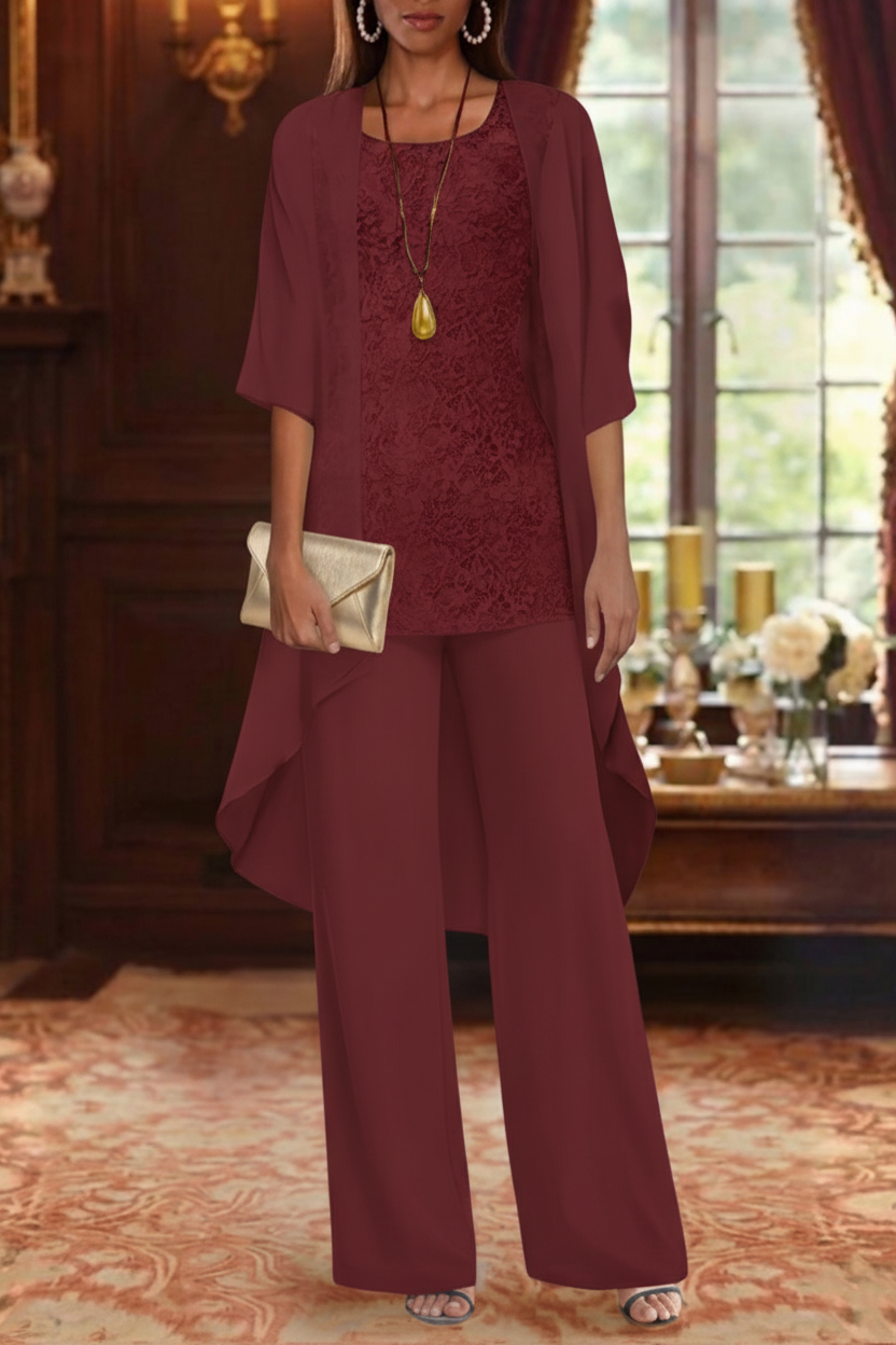 3 Pieces Suit Chiffon Mother of the Bride Pantsuits with Jacket Scoop 3/4 Sleeves Ankle Length Lace