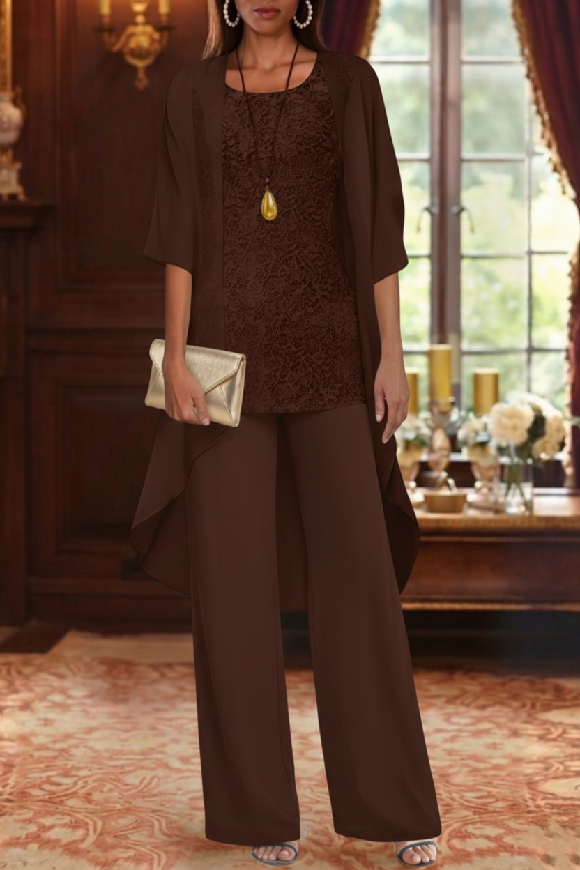 3 Pieces Suit Chiffon Mother of the Bride Pantsuits with Jacket Scoop 3/4 Sleeves Ankle Length Lace