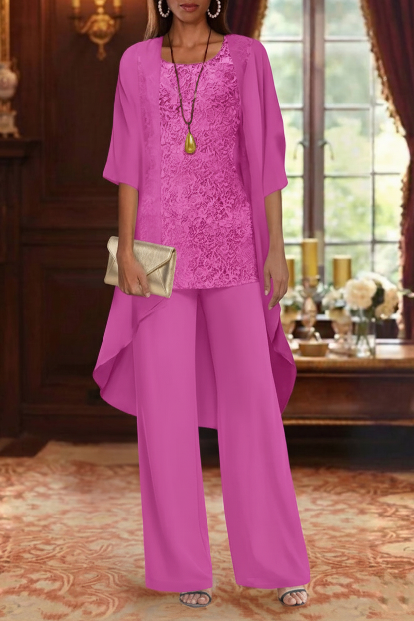 3 Pieces Suit Chiffon Mother of the Bride Pantsuits with Jacket Scoop 3/4 Sleeves Ankle Length Lace