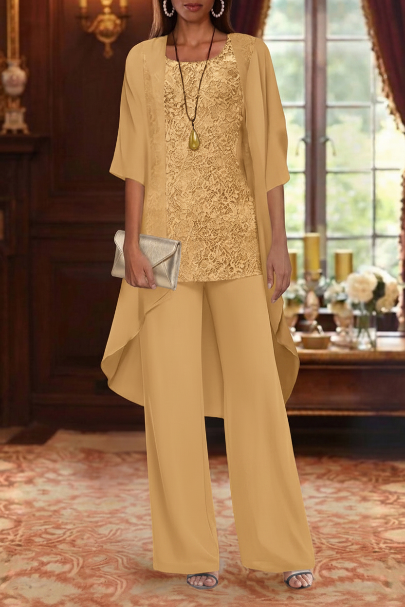 3 Pieces Suit Chiffon Mother of the Bride Pantsuits with Jacket Scoop 3/4 Sleeves Ankle Length Lace