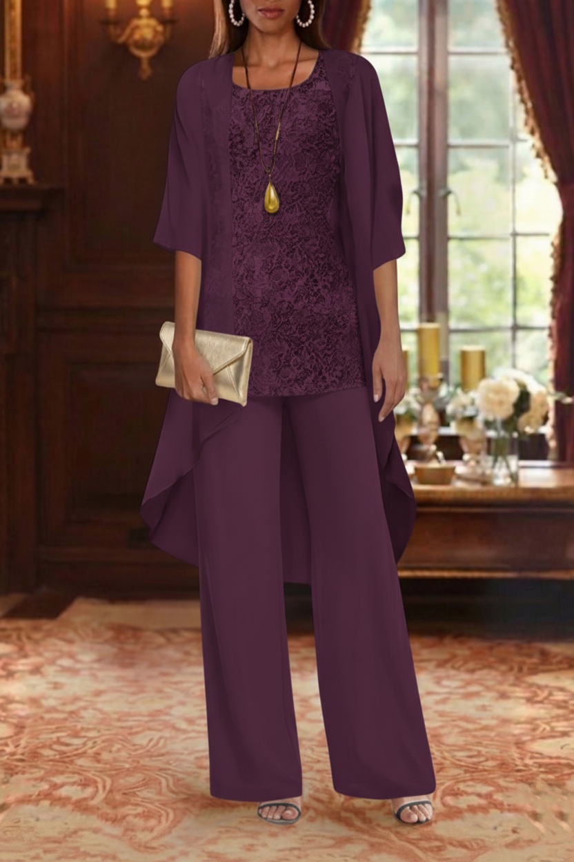 3 Pieces Suit Chiffon Mother of the Bride Pantsuits with Jacket Scoop 3/4 Sleeves Ankle Length Lace