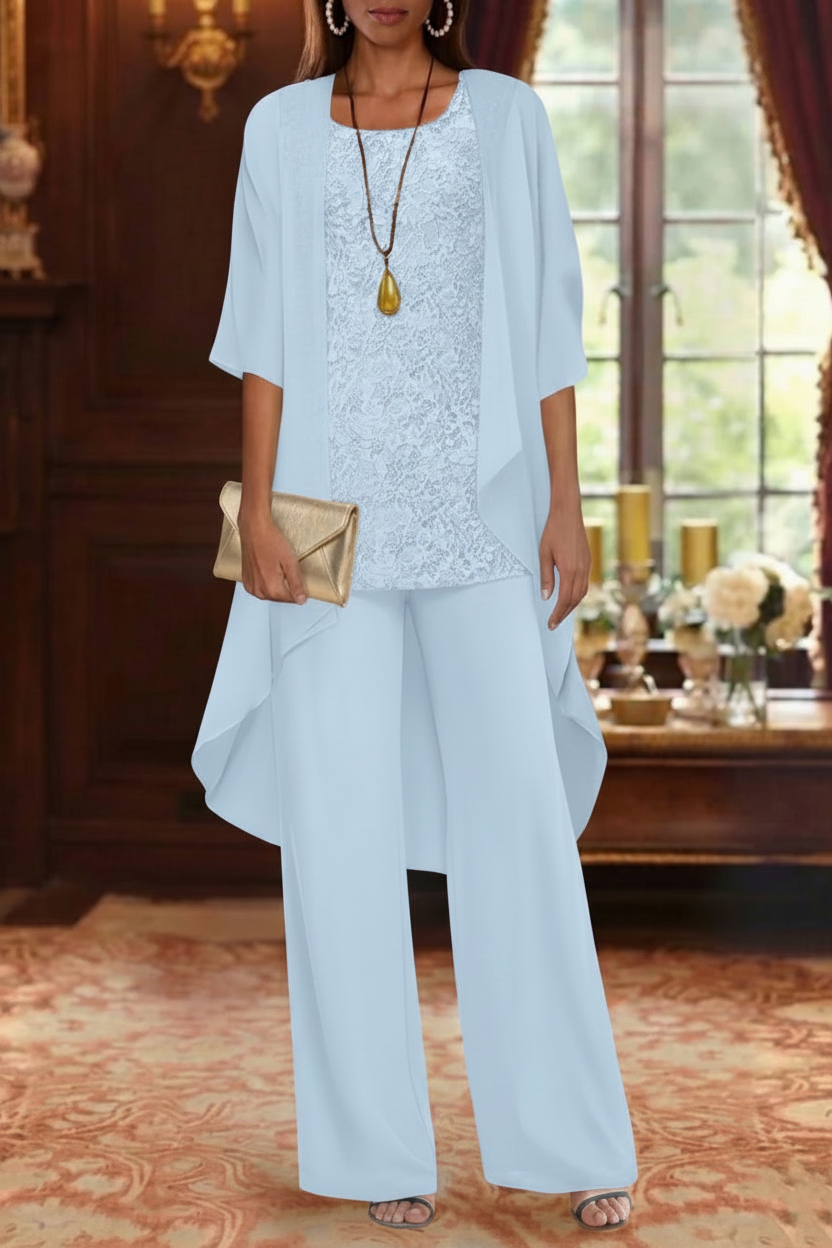 3 Pieces Suit Chiffon Mother of the Bride Pantsuits with Jacket Scoop 3/4 Sleeves Ankle Length Lace