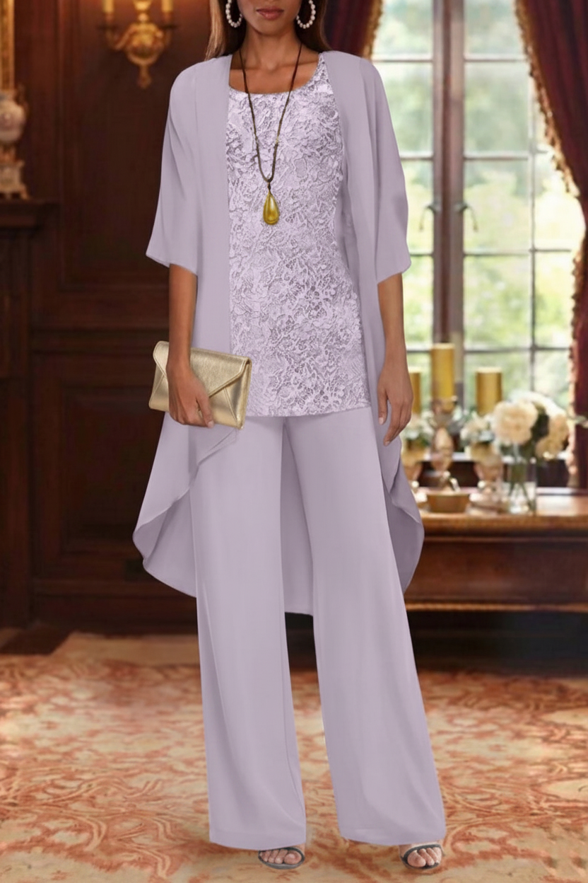 3 Pieces Suit Chiffon Mother of the Bride Pantsuits with Jacket Scoop 3/4 Sleeves Ankle Length Lace