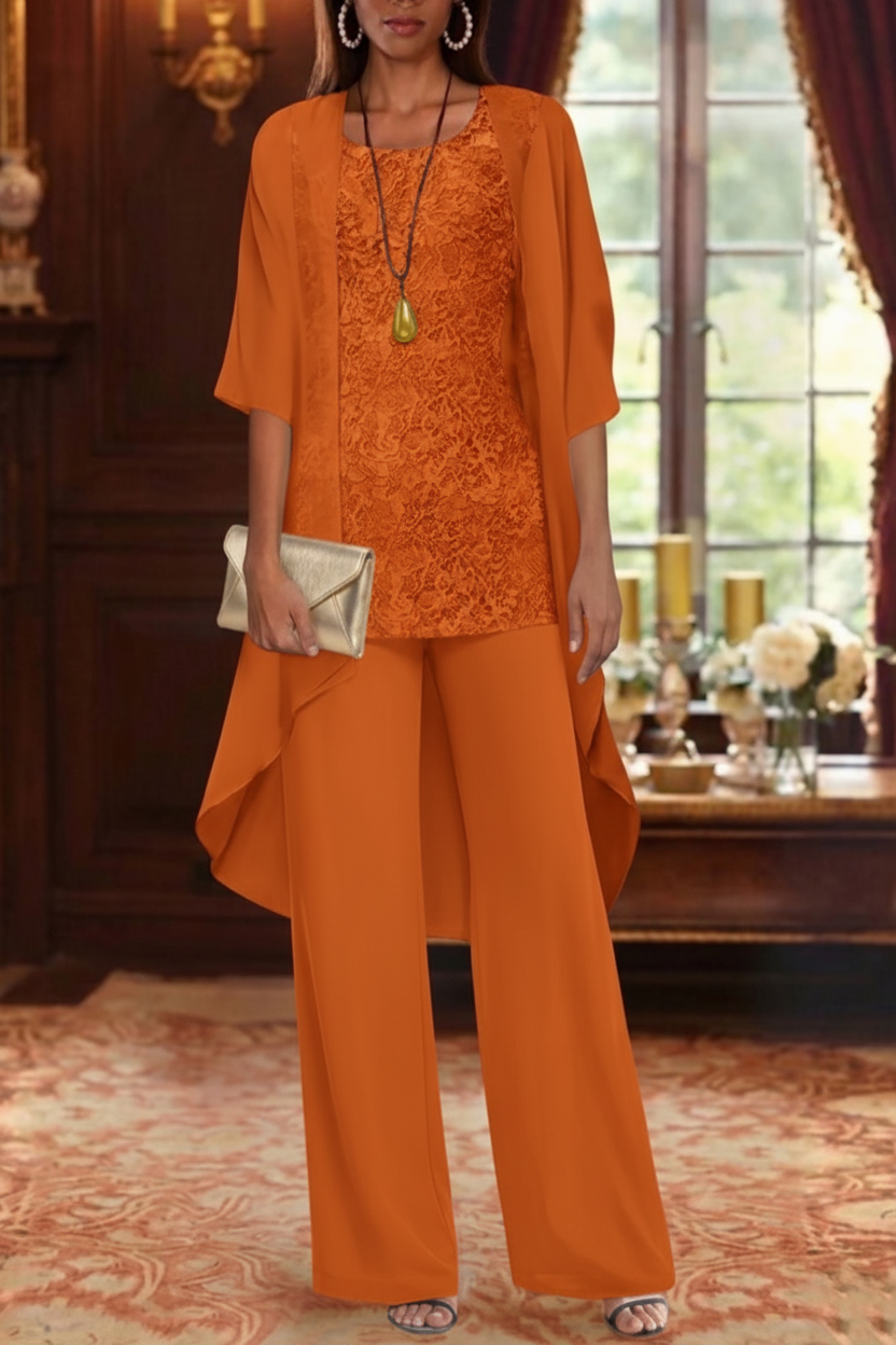 3 Pieces Suit Chiffon Mother of the Bride Pantsuits with Jacket Scoop 3/4 Sleeves Ankle Length Lace