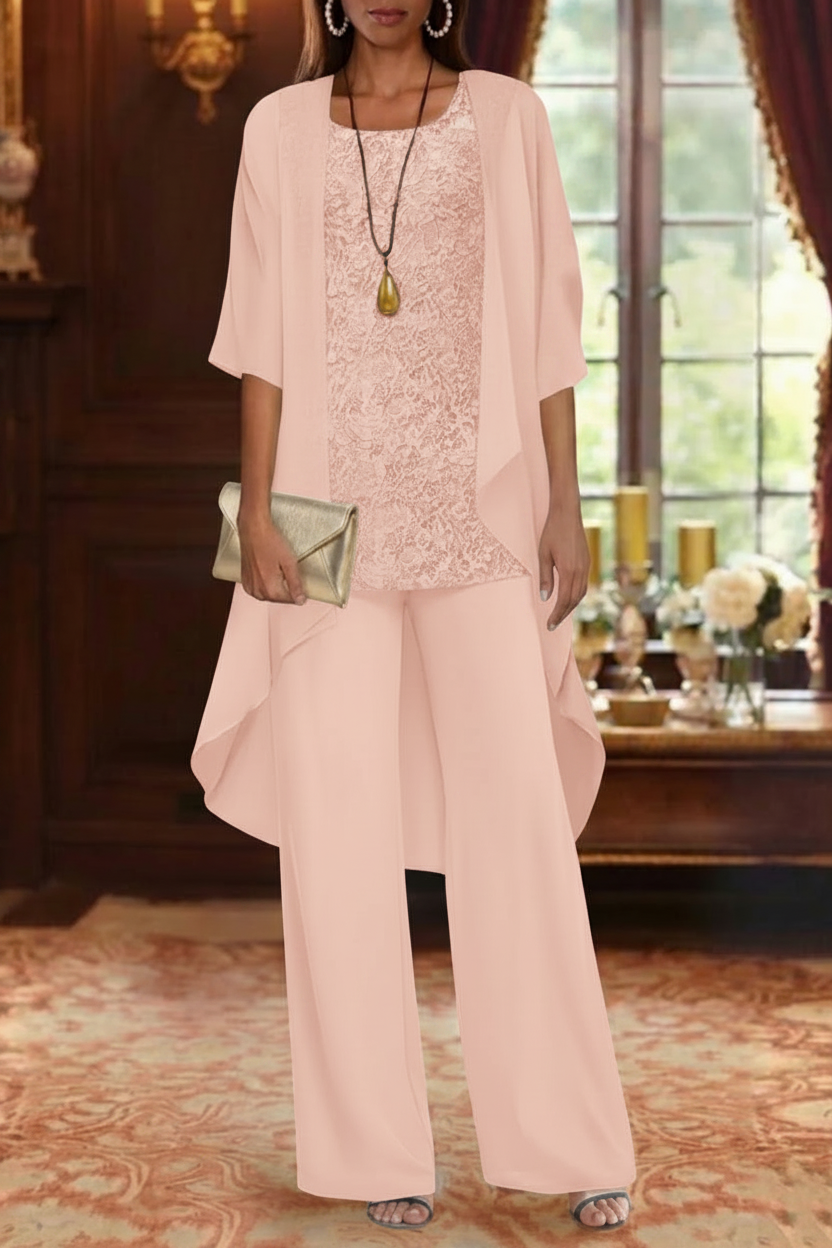3 Pieces Suit Chiffon Mother of the Bride Pantsuits with Jacket Scoop 3/4 Sleeves Ankle Length Lace