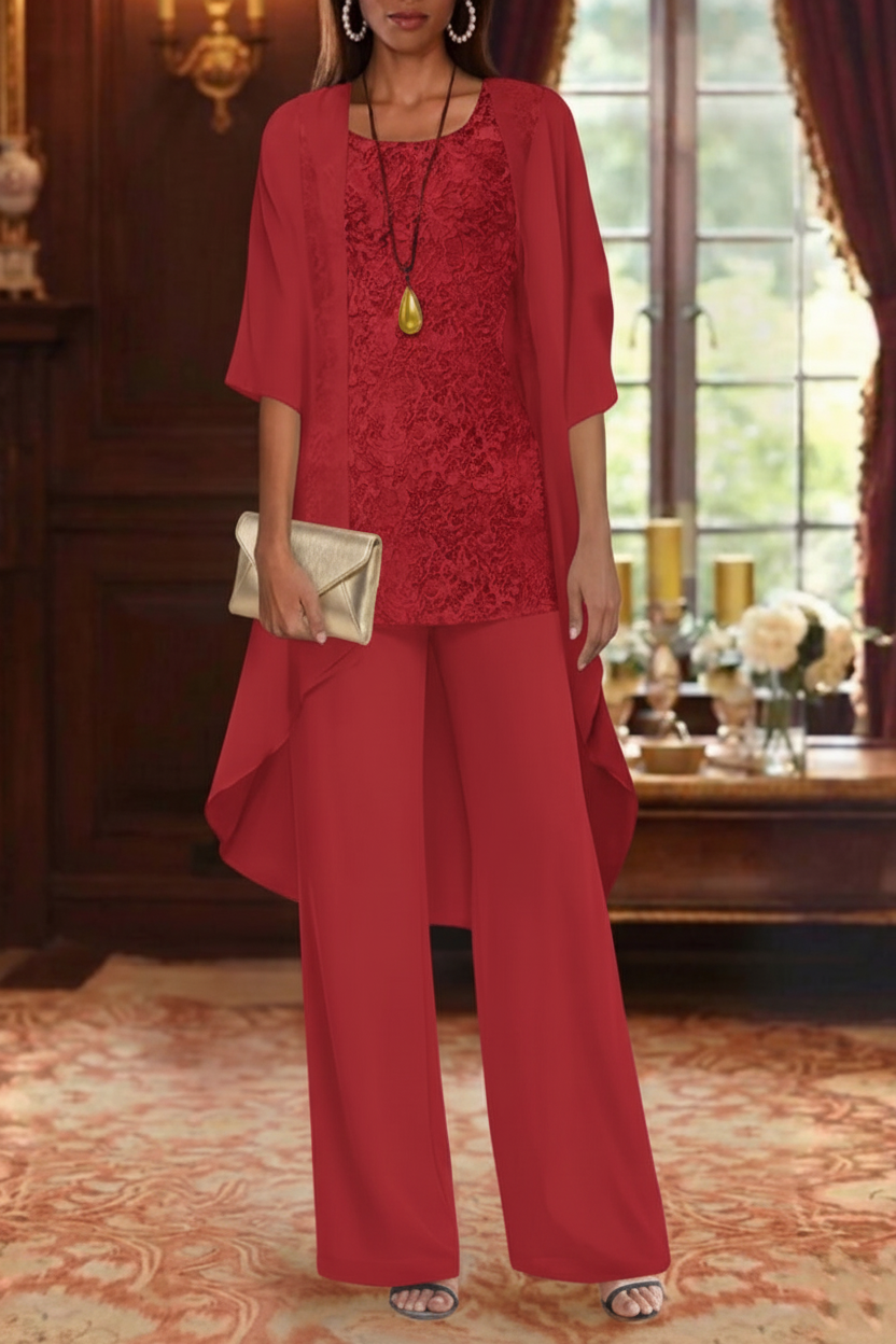 3 Pieces Suit Chiffon Mother of the Bride Pantsuits with Jacket Scoop 3/4 Sleeves Ankle Length Lace