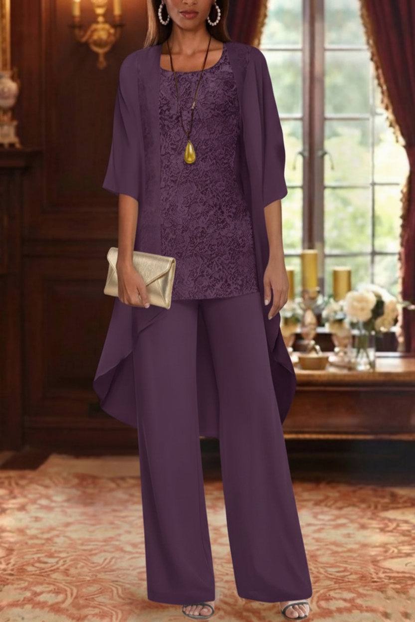 3 Pieces Suit Chiffon Mother of the Bride Pantsuits with Jacket Scoop 3/4 Sleeves Ankle Length Lace