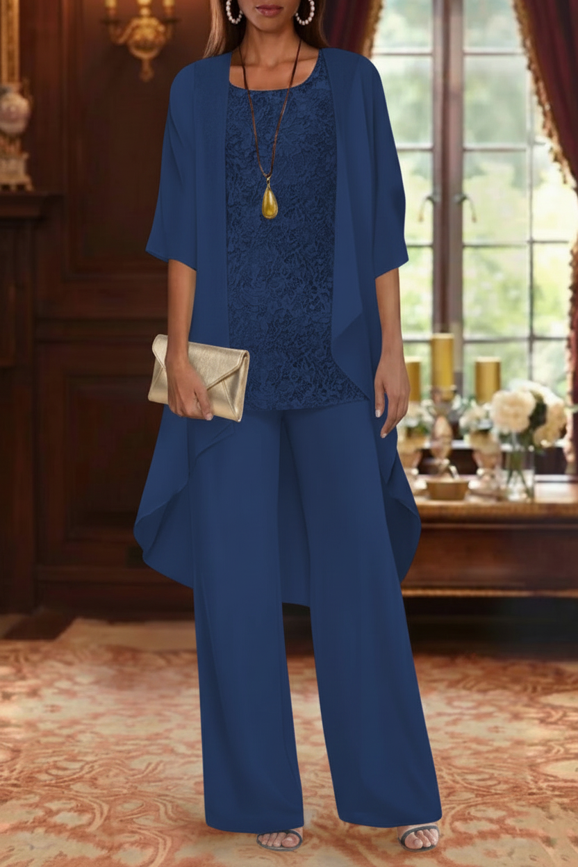 3 Pieces Suit Chiffon Mother of the Bride Pantsuits with Jacket Scoop 3/4 Sleeves Ankle Length Lace
