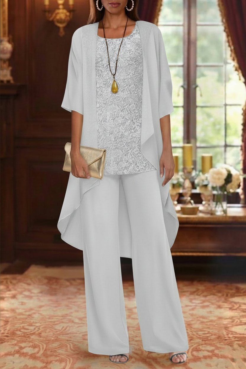 3 Pieces Suit Chiffon Mother of the Bride Pantsuits with Jacket Scoop 3/4 Sleeves Ankle Length Lace