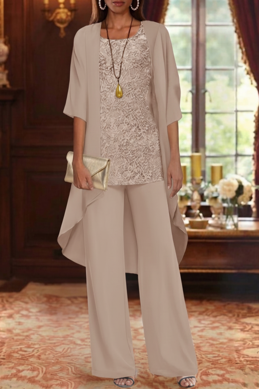 3 Pieces Suit Chiffon Mother of the Bride Pantsuits with Jacket Scoop 3/4 Sleeves Ankle Length Lace