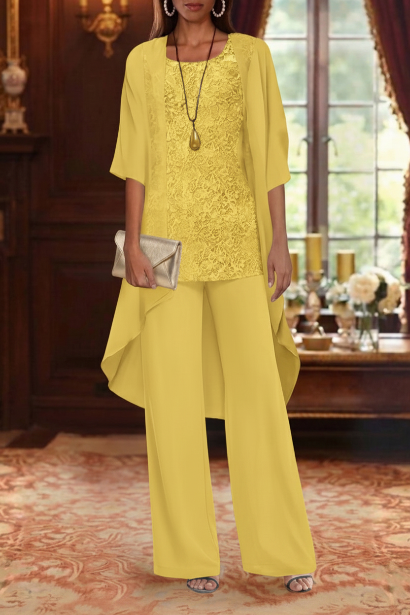 3 Pieces Suit Chiffon Mother of the Bride Pantsuits with Jacket Scoop 3/4 Sleeves Ankle Length Lace