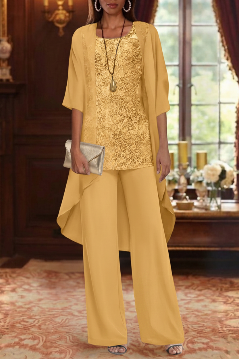 3 Pieces Suit Chiffon Mother of the Bride Pantsuits with Jacket Scoop 3/4 Sleeves Ankle Length Lace