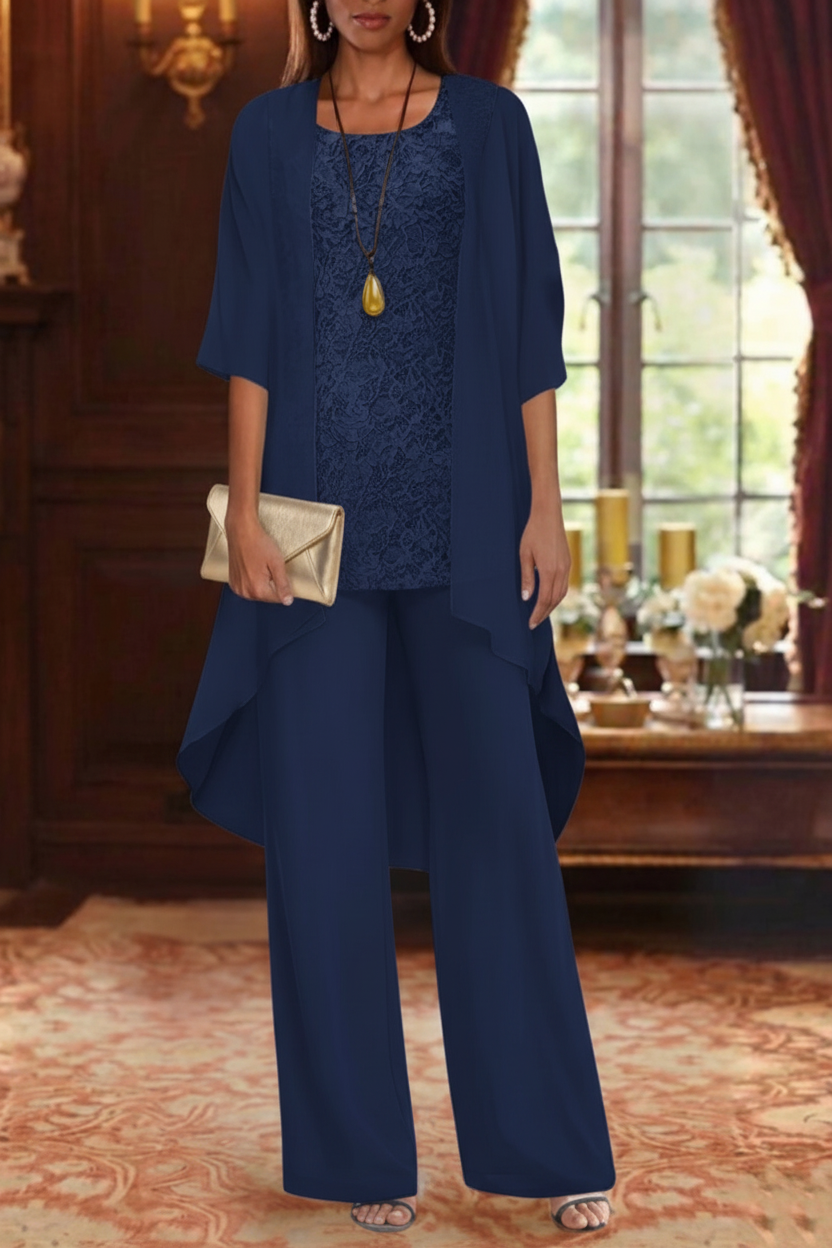 3 Pieces Suit Chiffon Mother of the Bride Pantsuits with Jacket Scoop 3/4 Sleeves Ankle Length Lace
