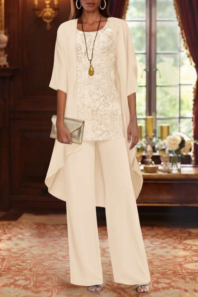 3 Pieces Suit Chiffon Mother of the Bride Pantsuits with Jacket Scoop 3/4 Sleeves Ankle Length Lace