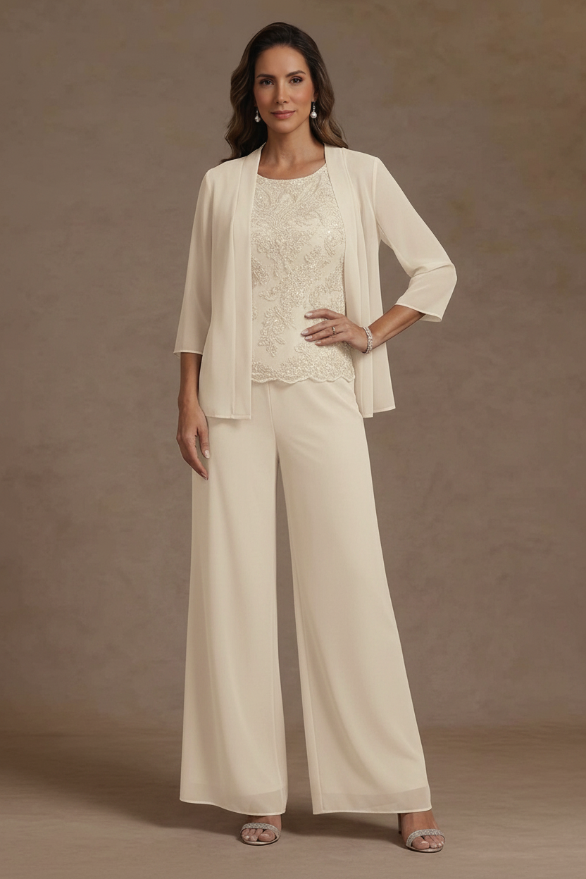 3 Pieces Suit Chiffon Mother of the Bride Pantsuits with Jacket Scoop 3/4 Sleeves Ankle Length Lace Sequins