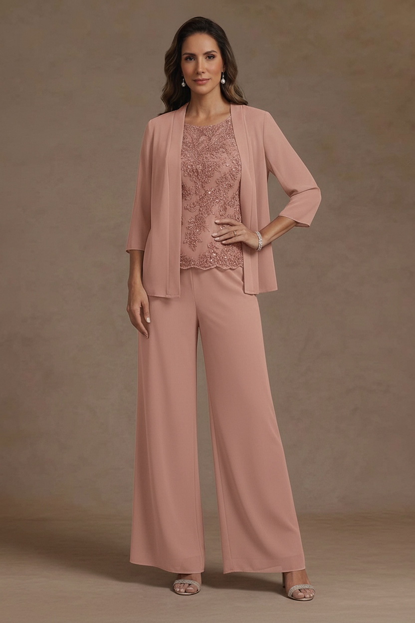 3 Pieces Suit Chiffon Mother of the Bride Pantsuits with Jacket Scoop 3/4 Sleeves Ankle Length Lace Sequins