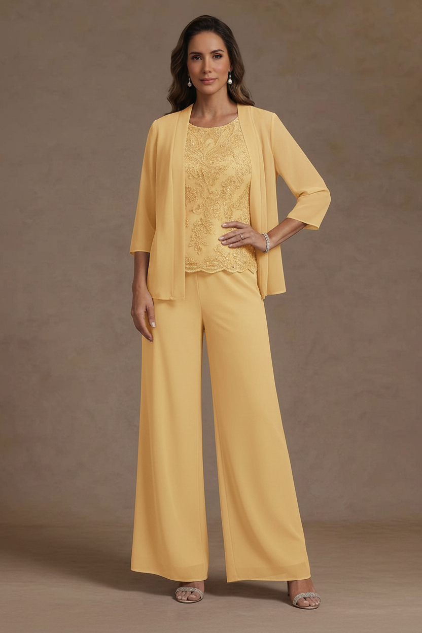3 Pieces Suit Chiffon Mother of the Bride Pantsuits with Jacket Scoop 3/4 Sleeves Ankle Length Lace Sequins