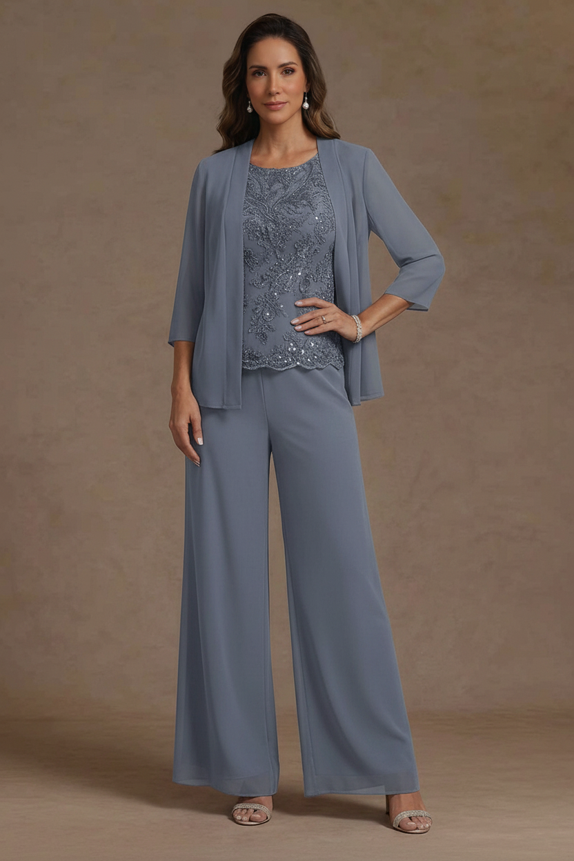 3 Pieces Suit Chiffon Mother of the Bride Pantsuits with Jacket Scoop 3/4 Sleeves Ankle Length Lace Sequins