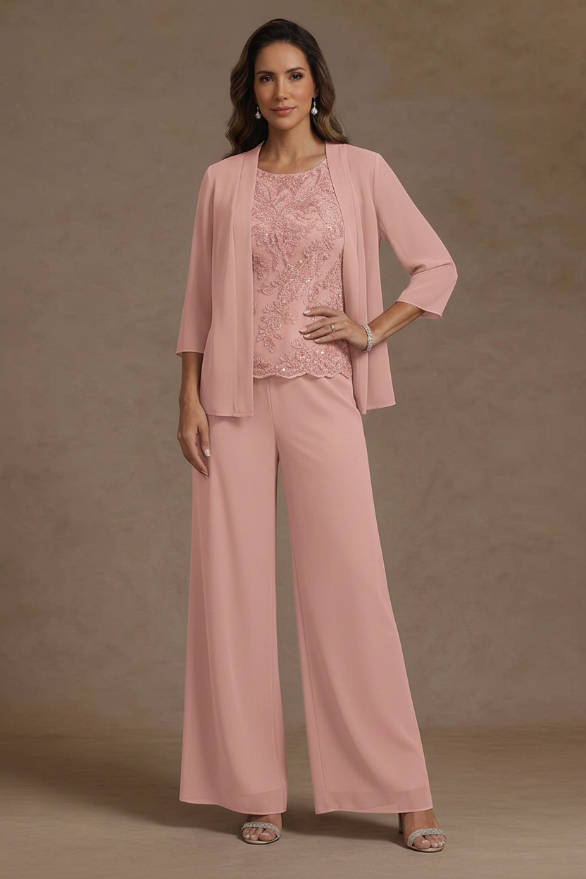 3 Pieces Suit Chiffon Mother of the Bride Pantsuits with Jacket Scoop 3/4 Sleeves Ankle Length Lace Sequins