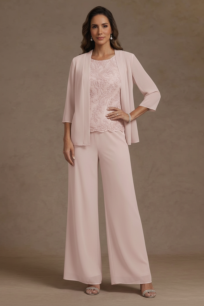3 Pieces Suit Chiffon Mother of the Bride Pantsuits with Jacket Scoop 3/4 Sleeves Ankle Length Lace Sequins