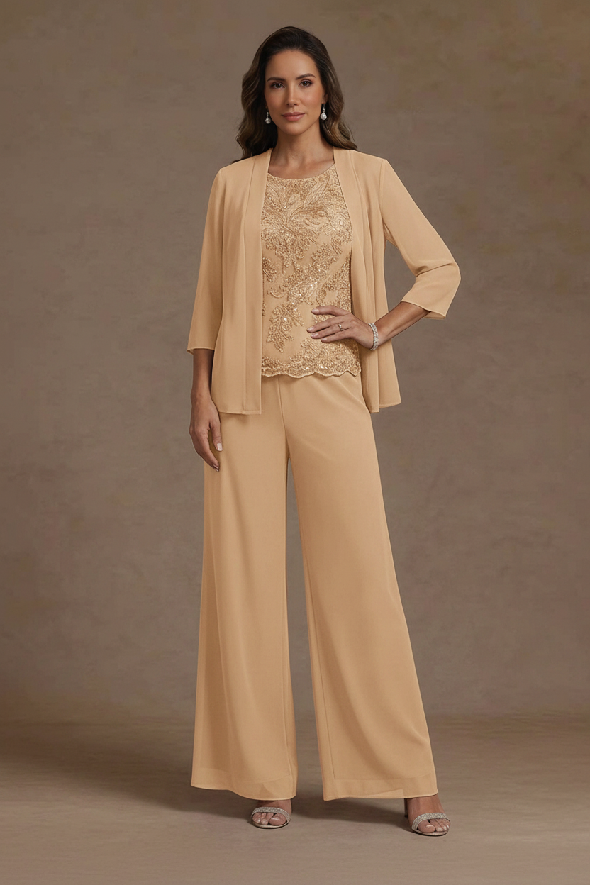 3 Pieces Suit Chiffon Mother of the Bride Pantsuits with Jacket Scoop 3/4 Sleeves Ankle Length Lace Sequins
