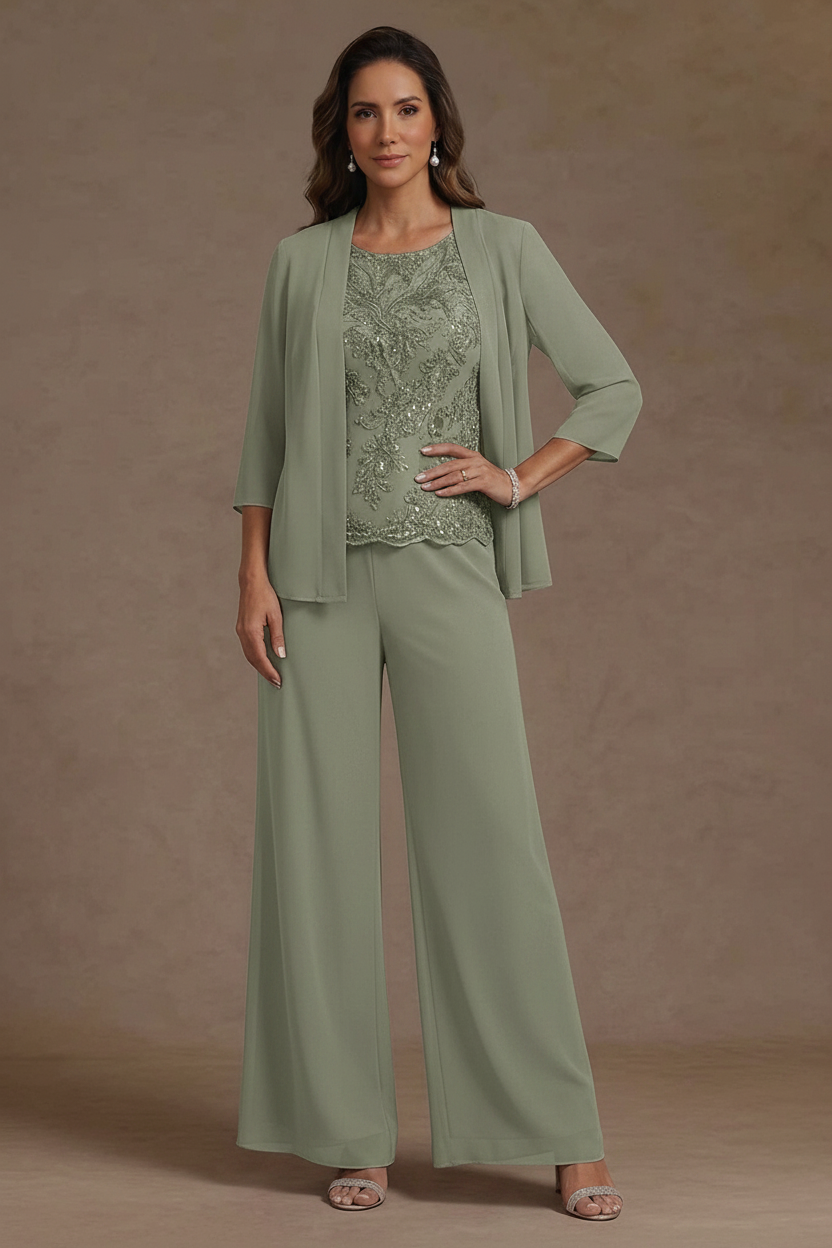 3 Pieces Suit Chiffon Mother of the Bride Pantsuits with Jacket Scoop 3/4 Sleeves Ankle Length Lace Sequins
