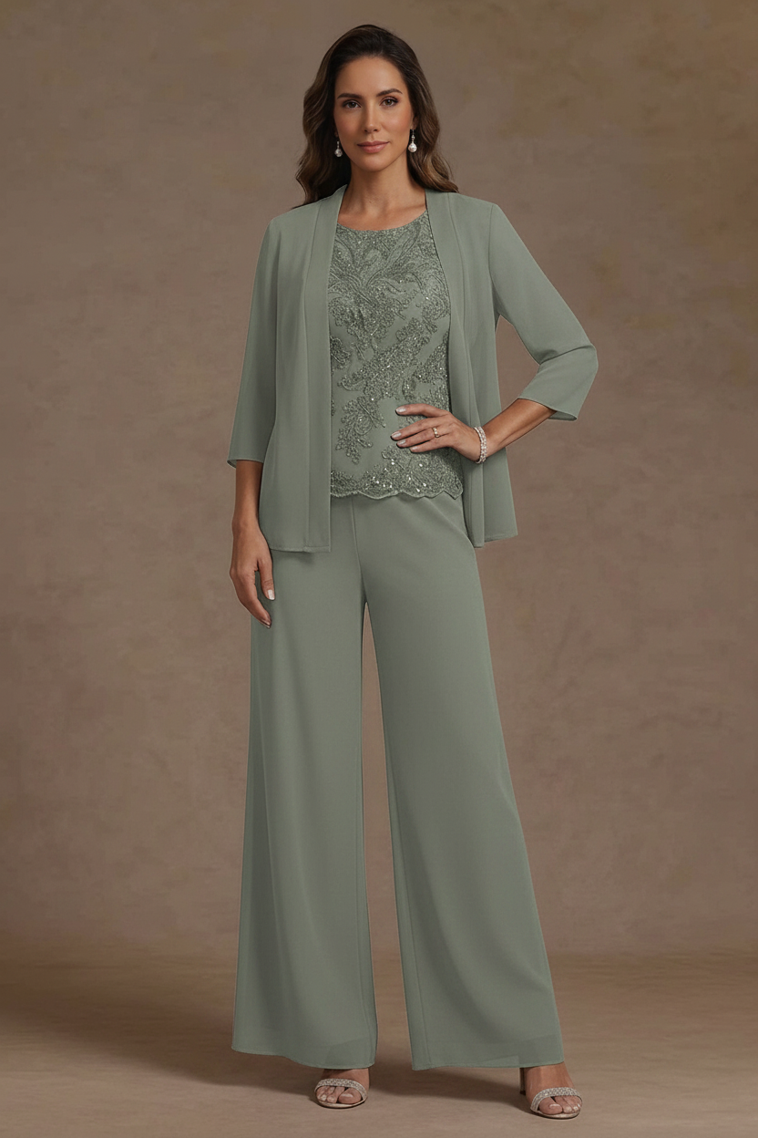 3 Pieces Suit Chiffon Mother of the Bride Pantsuits with Jacket Scoop 3/4 Sleeves Ankle Length Lace Sequins