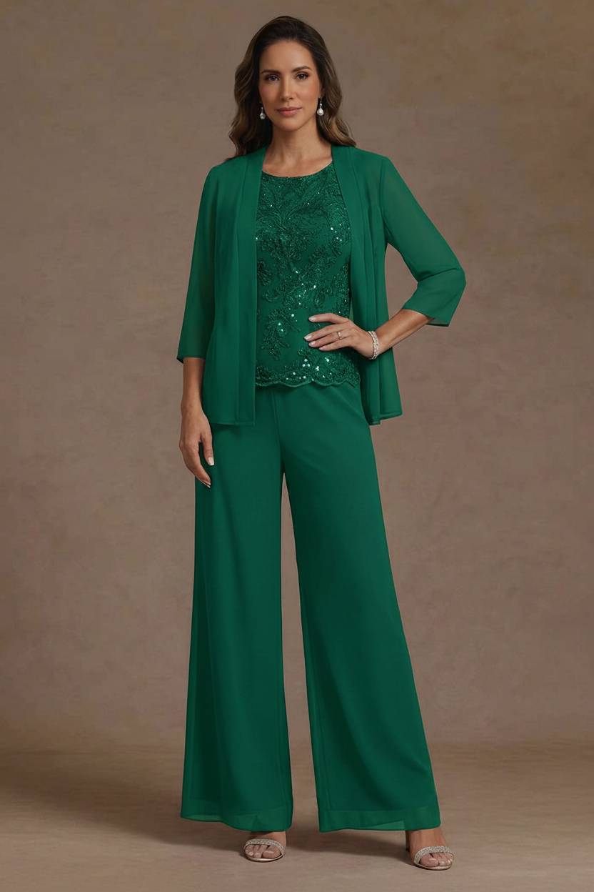 3 Pieces Suit Chiffon Mother of the Bride Pantsuits with Jacket Scoop 3/4 Sleeves Ankle Length Lace Sequins