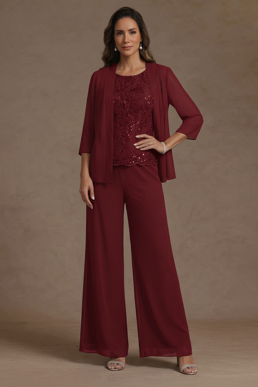 3 Pieces Suit Chiffon Mother of the Bride Pantsuits with Jacket Scoop 3/4 Sleeves Ankle Length Lace Sequins