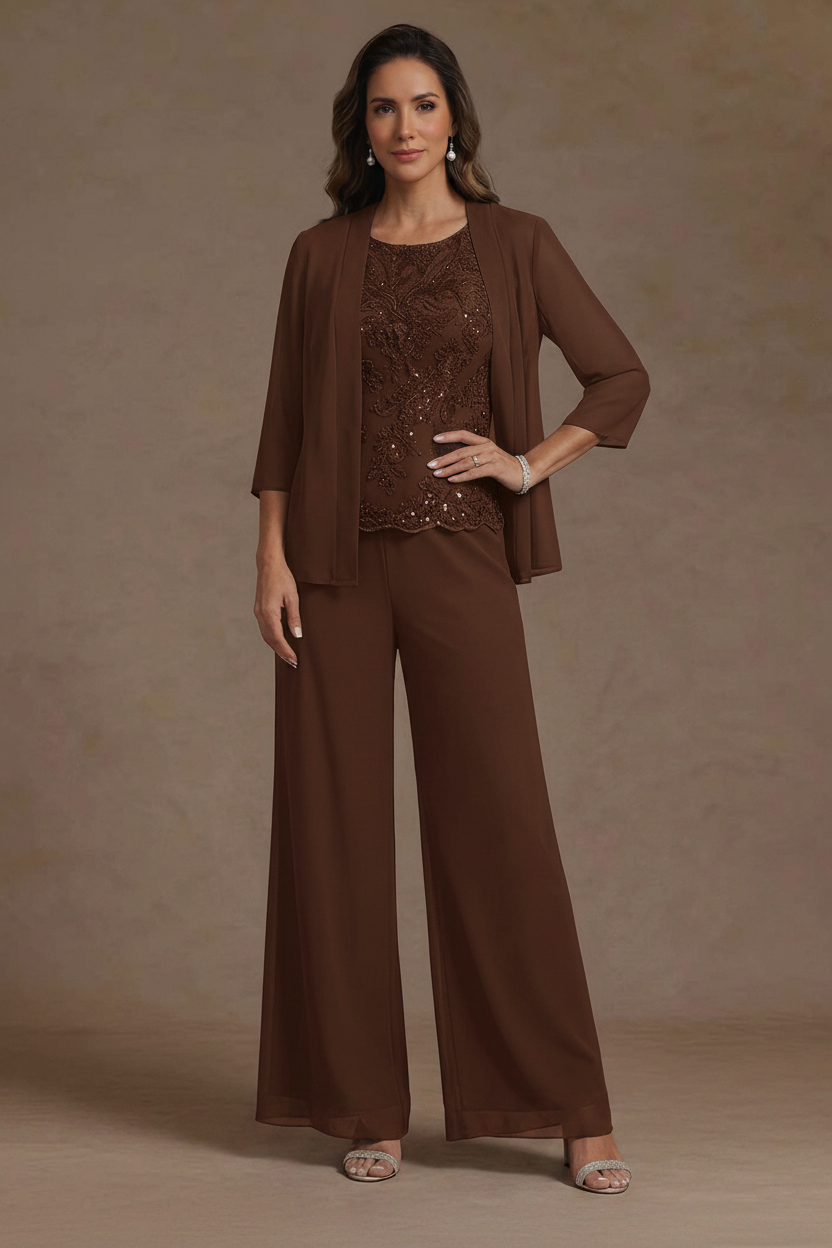 3 Pieces Suit Chiffon Mother of the Bride Pantsuits with Jacket Scoop 3/4 Sleeves Ankle Length Lace Sequins