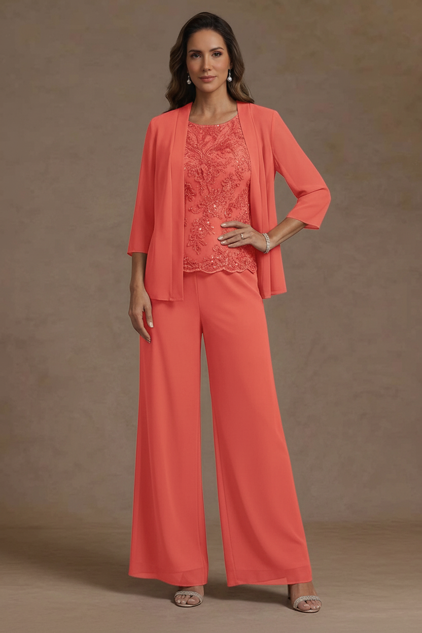3 Pieces Suit Chiffon Mother of the Bride Pantsuits with Jacket Scoop 3/4 Sleeves Ankle Length Lace Sequins