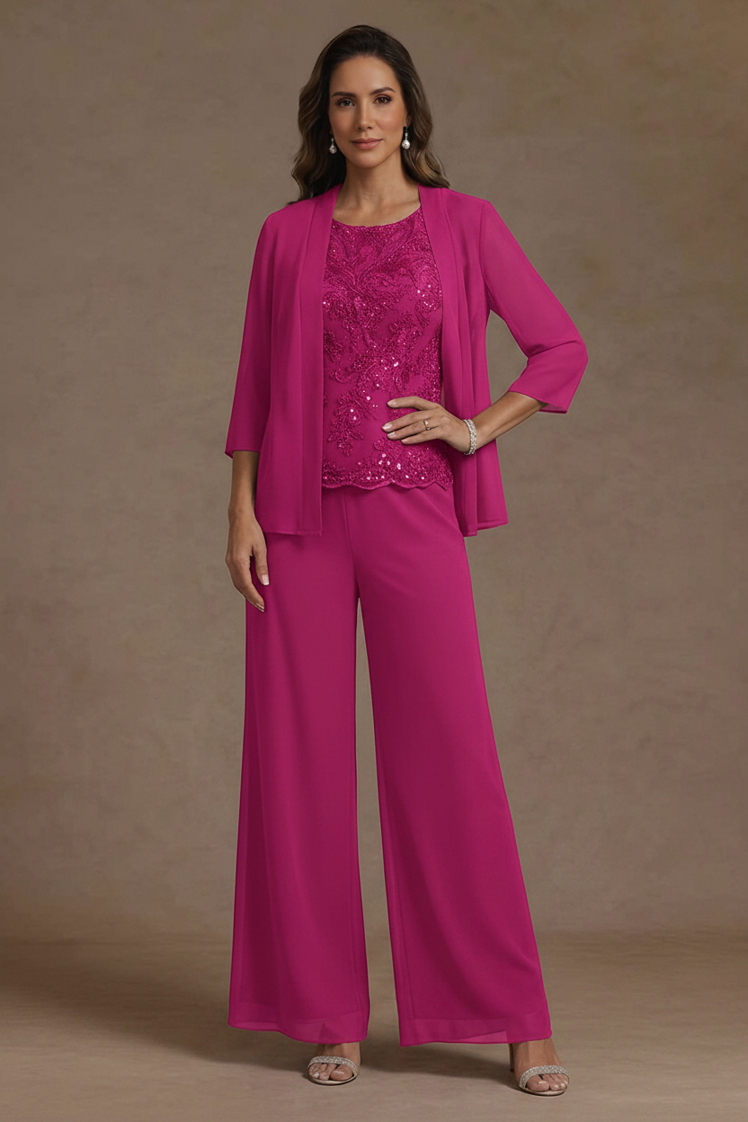 3 Pieces Suit Chiffon Mother of the Bride Pantsuits with Jacket Scoop 3/4 Sleeves Ankle Length Lace Sequins