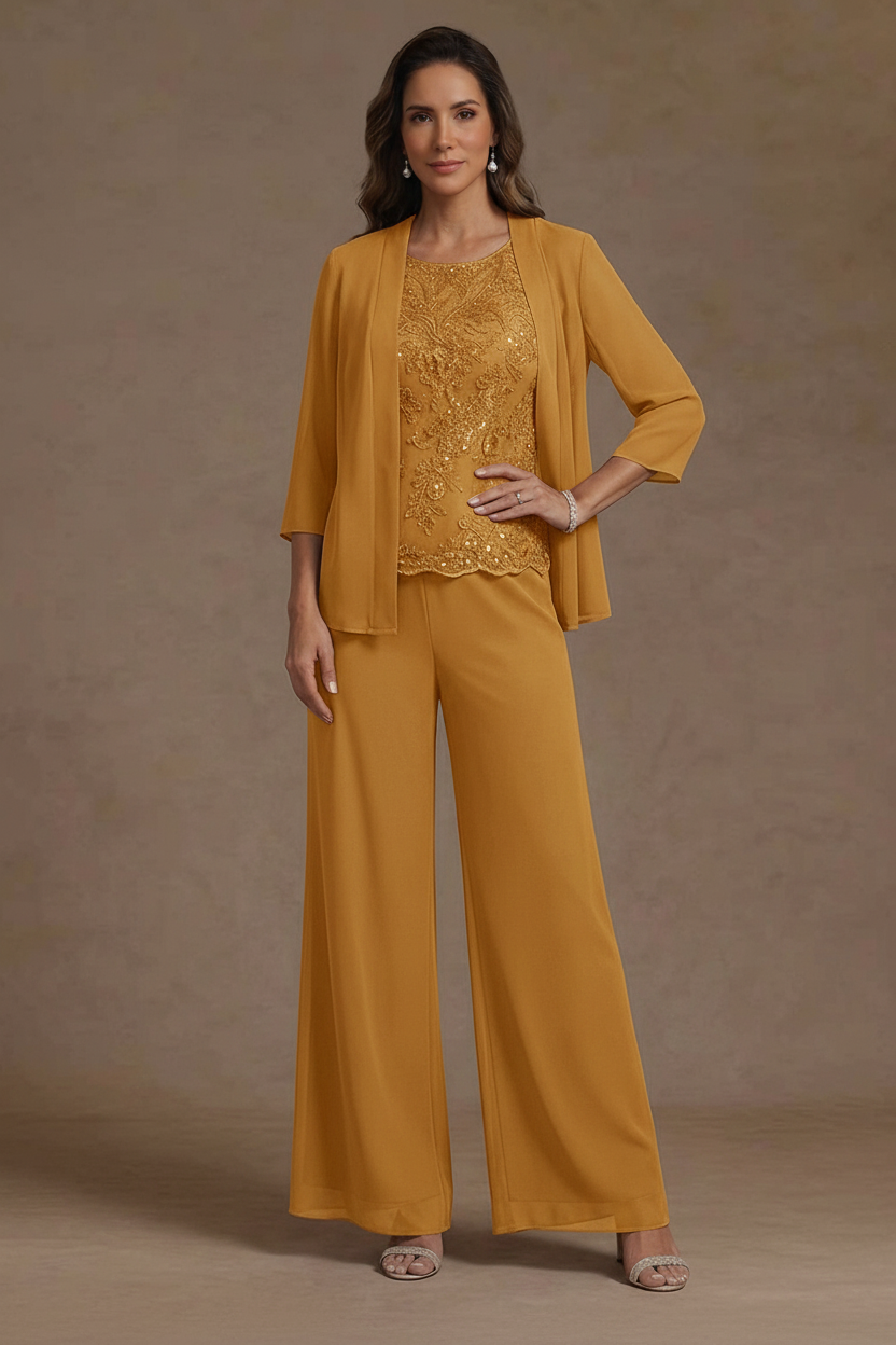 3 Pieces Suit Chiffon Mother of the Bride Pantsuits with Jacket Scoop 3/4 Sleeves Ankle Length Lace Sequins