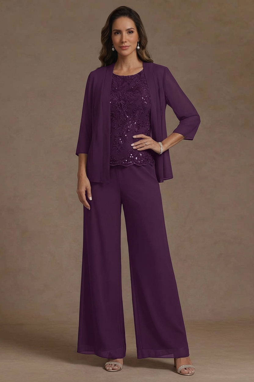 3 Pieces Suit Chiffon Mother of the Bride Pantsuits with Jacket Scoop 3/4 Sleeves Ankle Length Lace Sequins