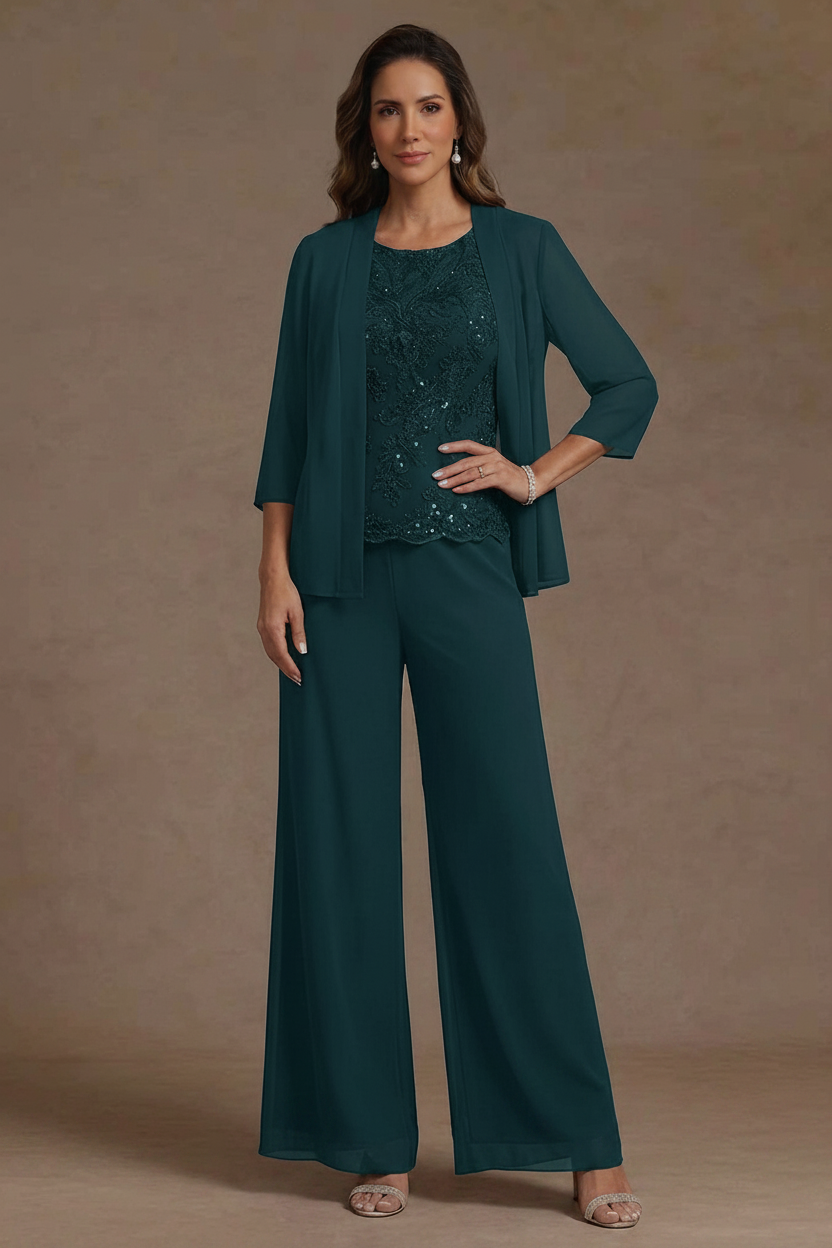 3 Pieces Suit Chiffon Mother of the Bride Pantsuits with Jacket Scoop 3/4 Sleeves Ankle Length Lace Sequins