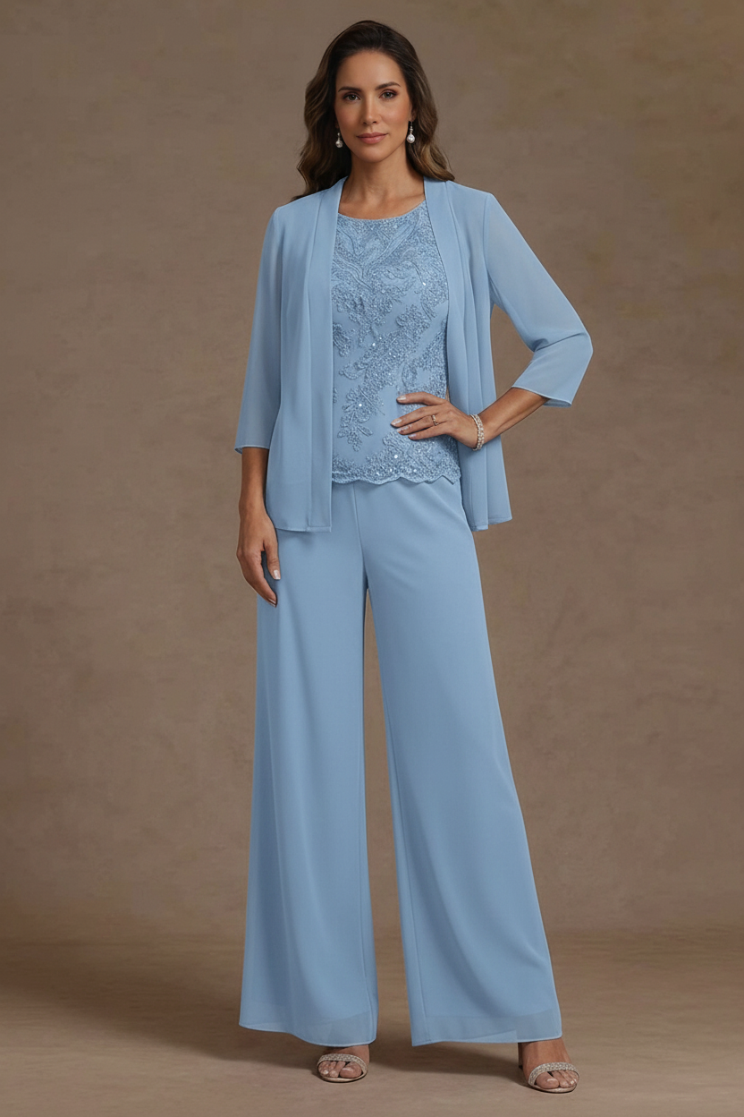 3 Pieces Suit Chiffon Mother of the Bride Pantsuits with Jacket Scoop 3/4 Sleeves Ankle Length Lace Sequins
