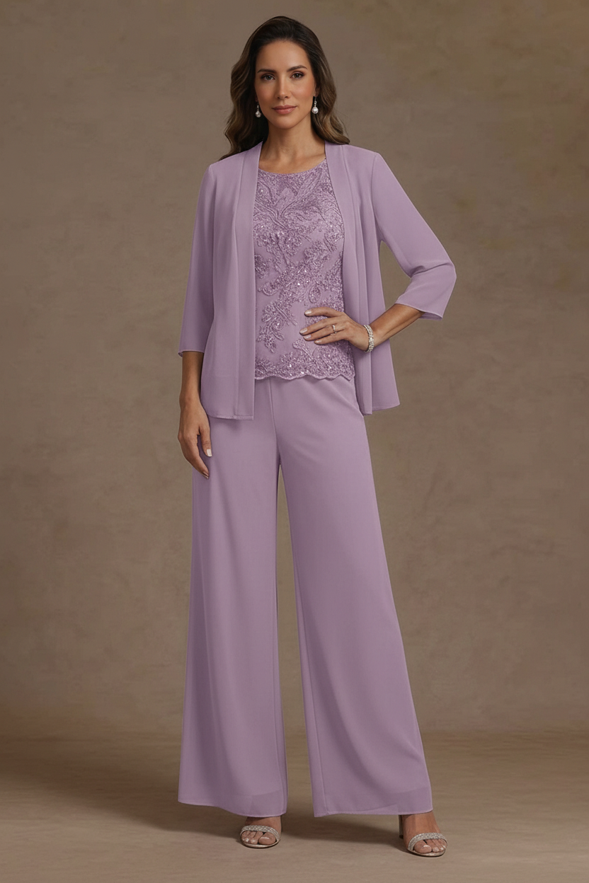 3 Pieces Suit Chiffon Mother of the Bride Pantsuits with Jacket Scoop 3/4 Sleeves Ankle Length Lace Sequins
