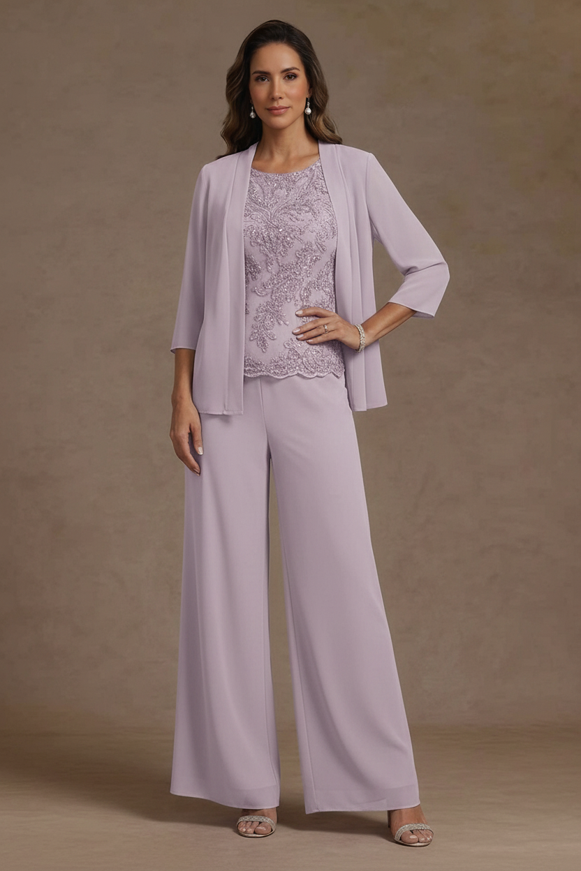 3 Pieces Suit Chiffon Mother of the Bride Pantsuits with Jacket Scoop 3/4 Sleeves Ankle Length Lace Sequins