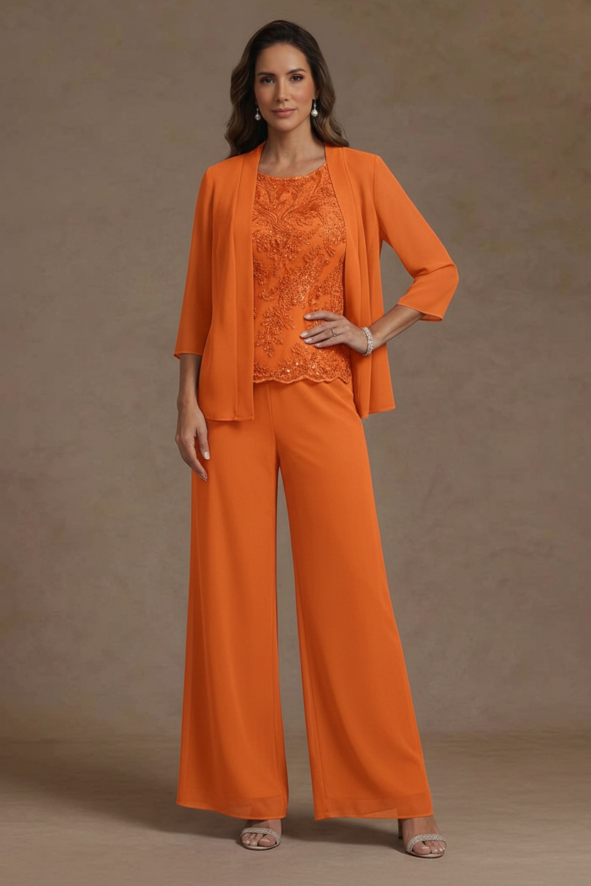 3 Pieces Suit Chiffon Mother of the Bride Pantsuits with Jacket Scoop 3/4 Sleeves Ankle Length Lace Sequins
