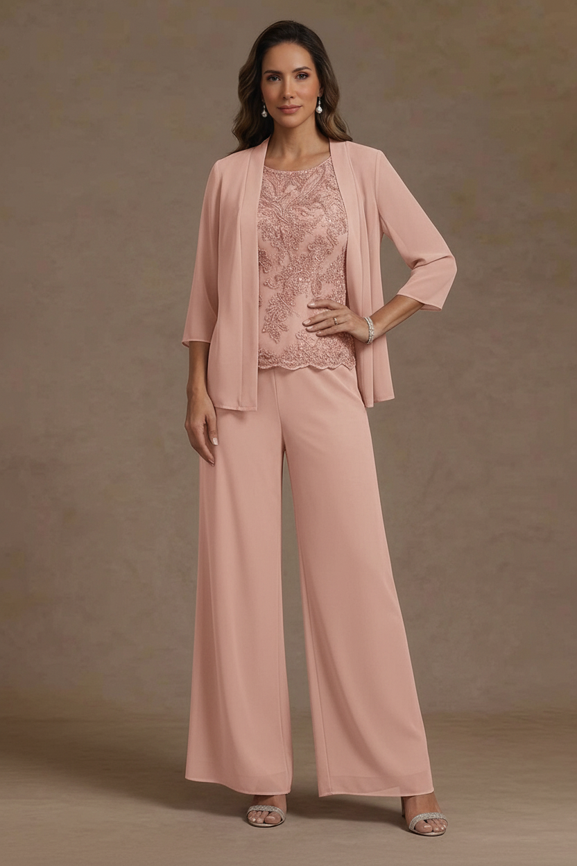 3 Pieces Suit Chiffon Mother of the Bride Pantsuits with Jacket Scoop 3/4 Sleeves Ankle Length Lace Sequins