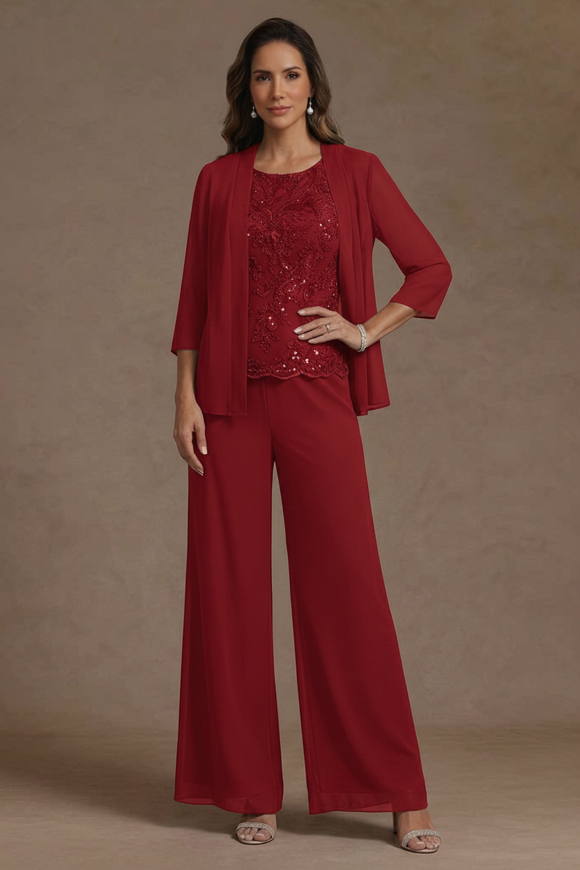 3 Pieces Suit Chiffon Mother of the Bride Pantsuits with Jacket Scoop 3/4 Sleeves Ankle Length Lace Sequins