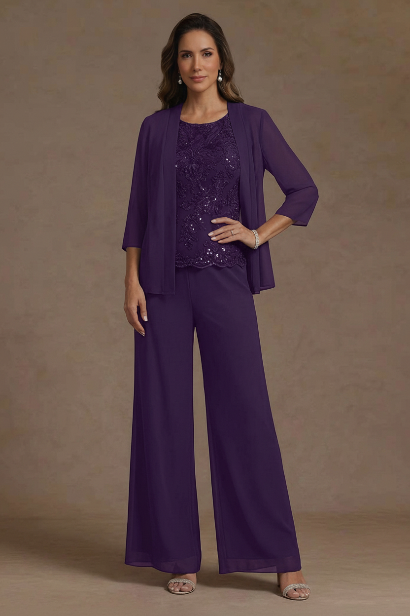 3 Pieces Suit Chiffon Mother of the Bride Pantsuits with Jacket Scoop 3/4 Sleeves Ankle Length Lace Sequins