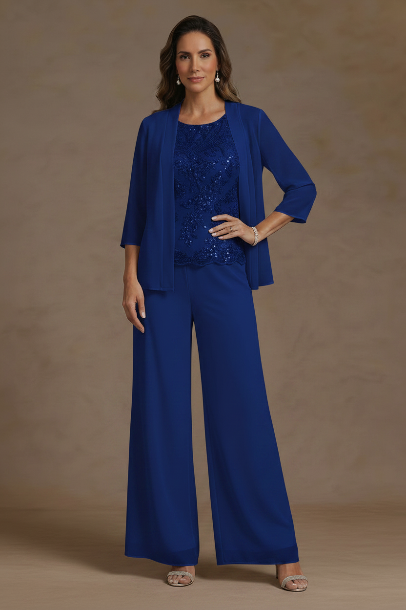 3 Pieces Suit Chiffon Mother of the Bride Pantsuits with Jacket Scoop 3/4 Sleeves Ankle Length Lace Sequins