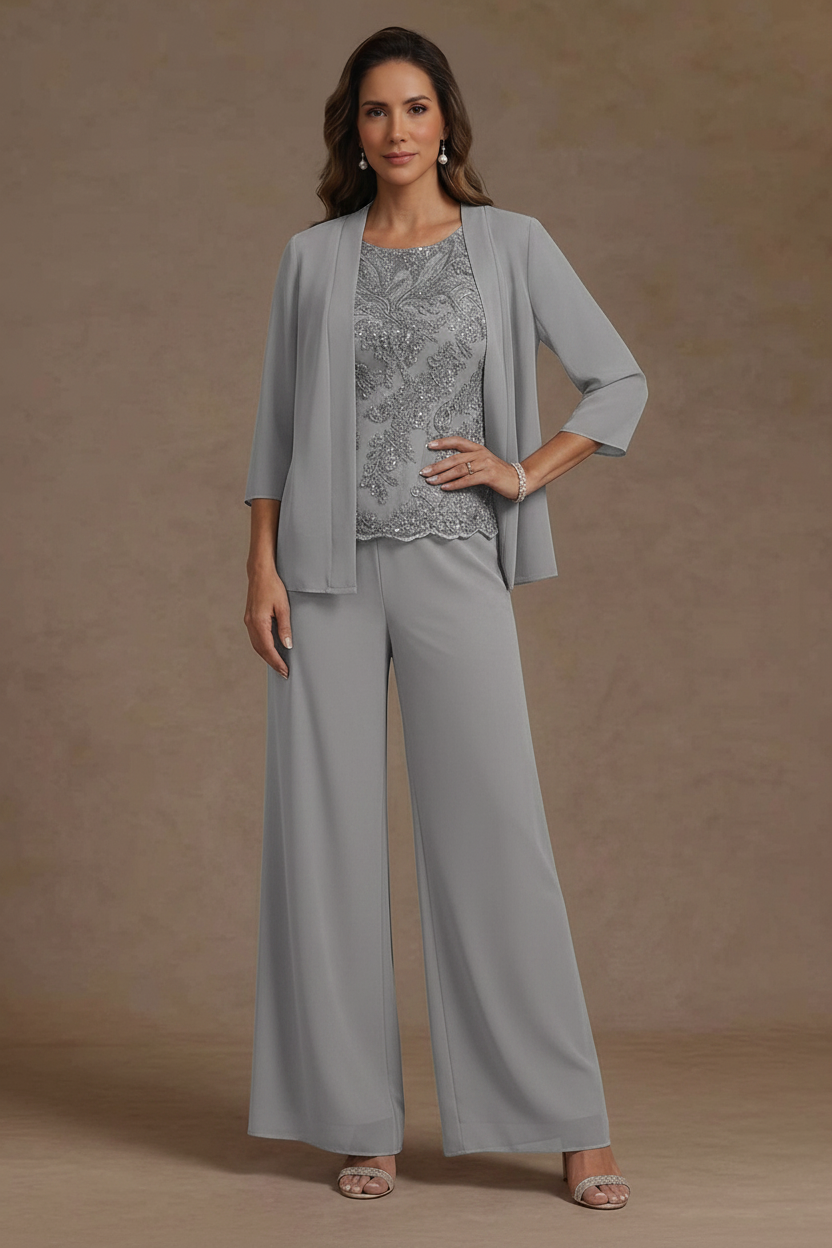 3 Pieces Suit Chiffon Mother of the Bride Pantsuits with Jacket Scoop 3/4 Sleeves Ankle Length Lace Sequins