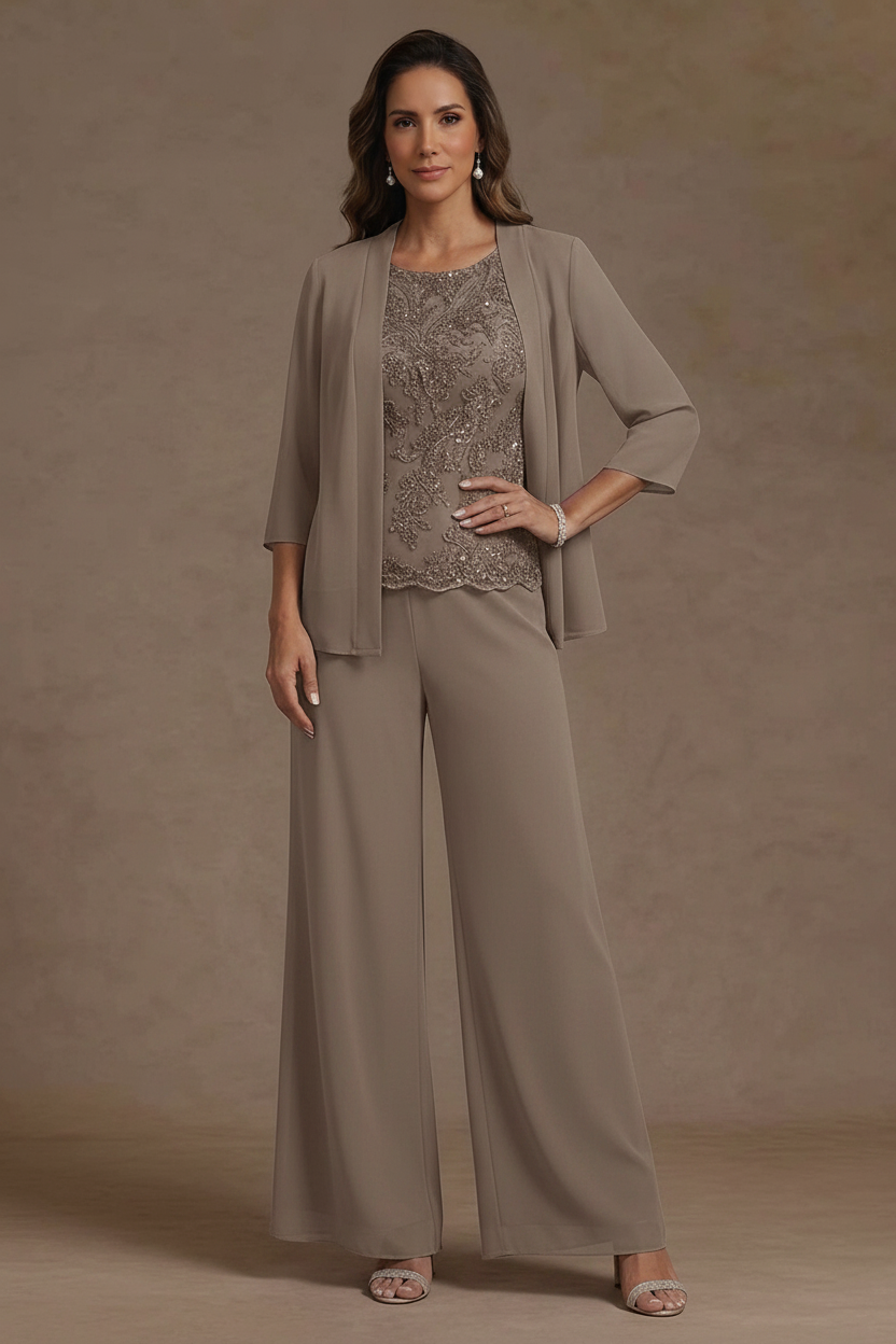 3 Pieces Suit Chiffon Mother of the Bride Pantsuits with Jacket Scoop 3/4 Sleeves Ankle Length Lace Sequins