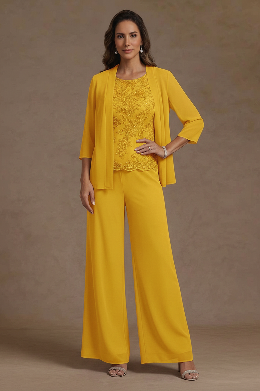 3 Pieces Suit Chiffon Mother of the Bride Pantsuits with Jacket Scoop 3/4 Sleeves Ankle Length Lace Sequins