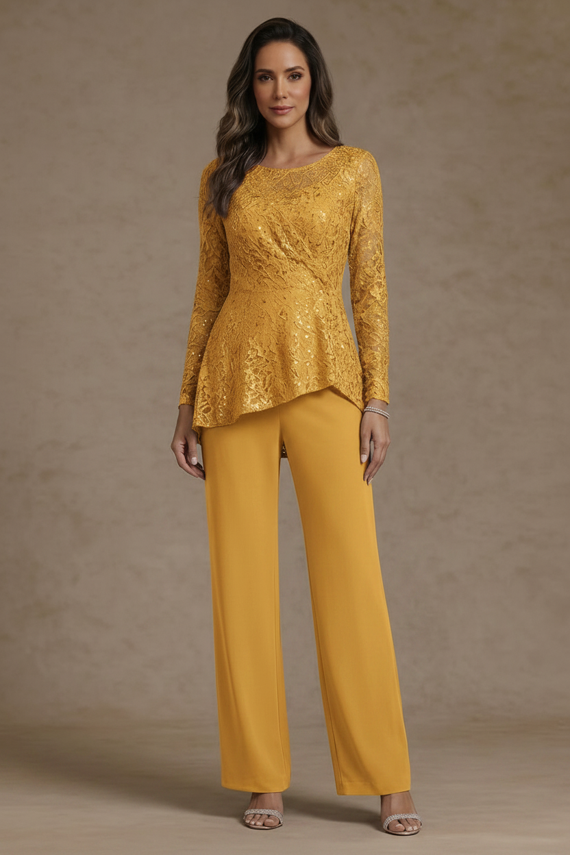 3 Pieces Suit Scoop Chiffon Mother of the Bride Pantsuits Lace Ankle-Length Long Sleeves