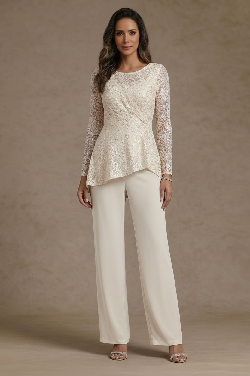 3 Pieces Suit Scoop Chiffon Mother of the Bride Pantsuits Lace Ankle-Length Long Sleeves