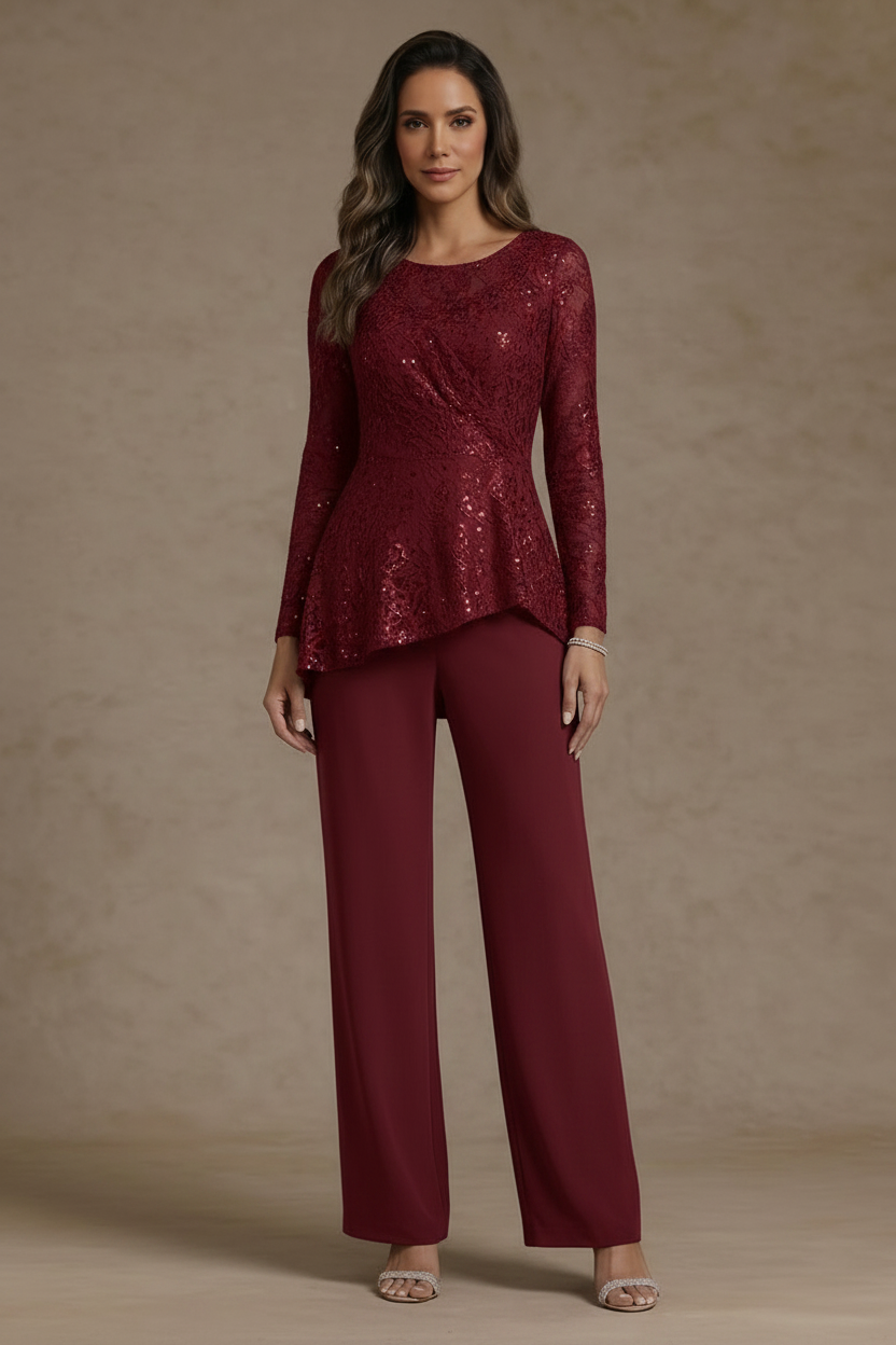3 Pieces Suit Scoop Chiffon Mother of the Bride Pantsuits Lace Ankle-Length Long Sleeves