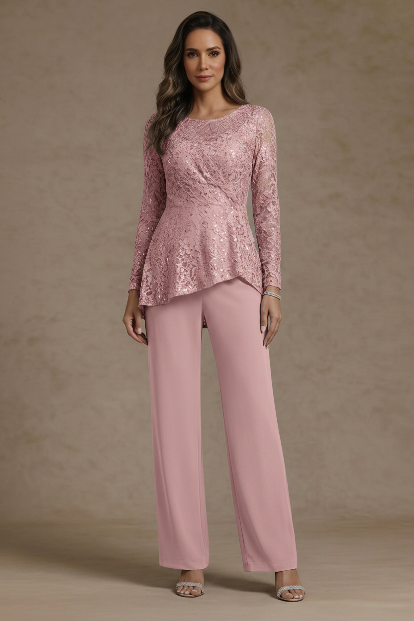 3 Pieces Suit Scoop Chiffon Mother of the Bride Pantsuits Lace Ankle-Length Long Sleeves